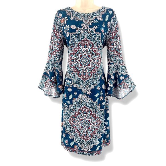 Shelby & Palmer Textured Stretch Printed Shift Dress Bell Sleeves Size 12 Office - Picture 1 of 6